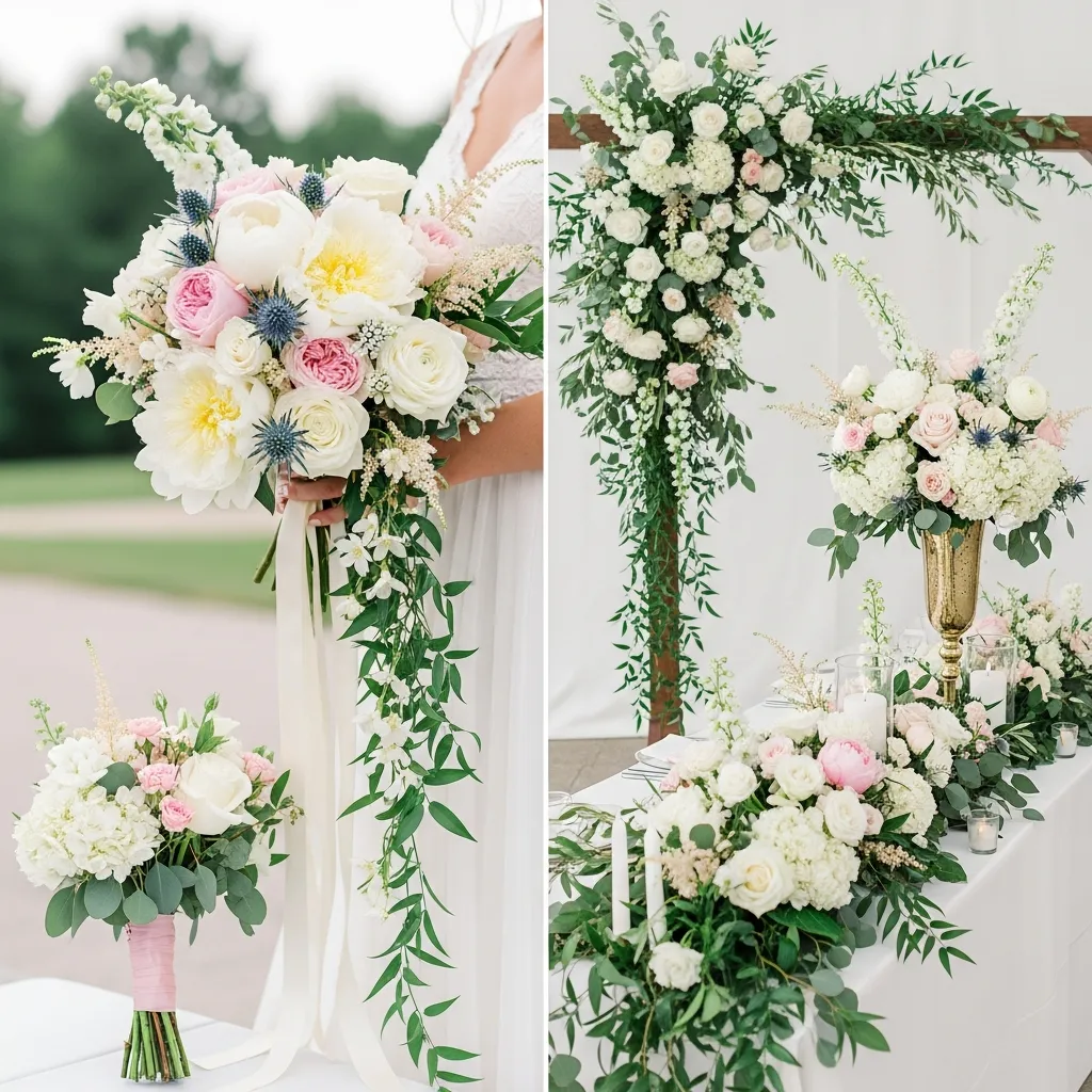 Elegante bruiloftsboeketten en bloemarrangementen